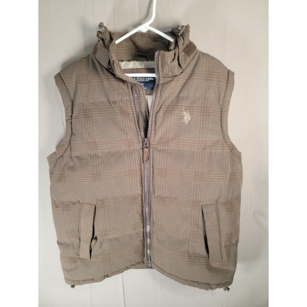 US Polo Assn Mens Medium Brown Plaid Hooded Puffer Vest Quilted Full Zip Jacket
